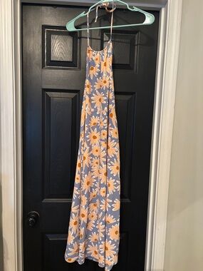 Lily Rose Blue Floral Backless Maxi Dress with Yellow Daisies